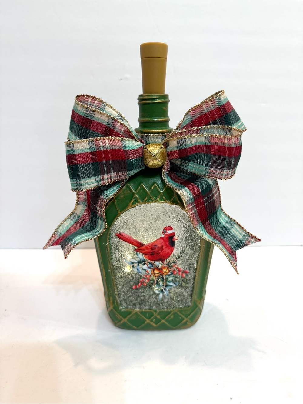 OOAK Green Lighted Timer Cardinal Christmas Bottle Holiday Decor